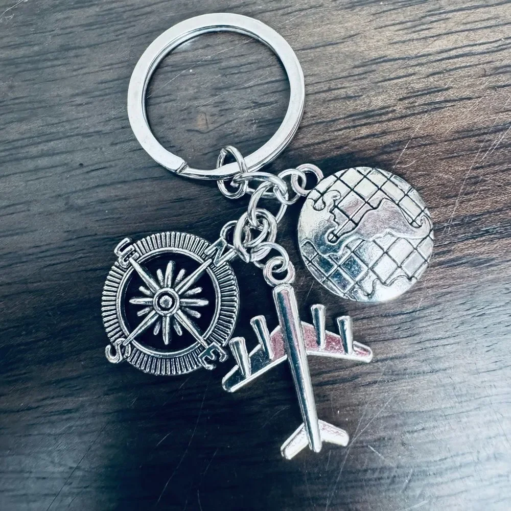 Silver Airplane World Travel Compass Keyring Keychain